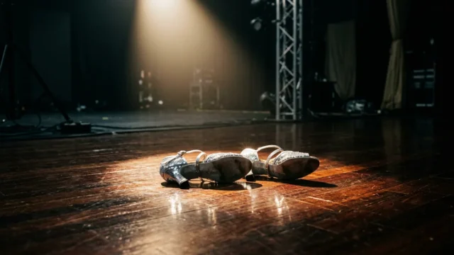 Sparkling silver ballroom shoes sit under a spotlight on a polished wooden floor in a dark studio.