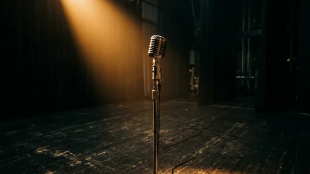 A vintage metal microphone stands on a dark stage, illuminated by a single golden spotlight.