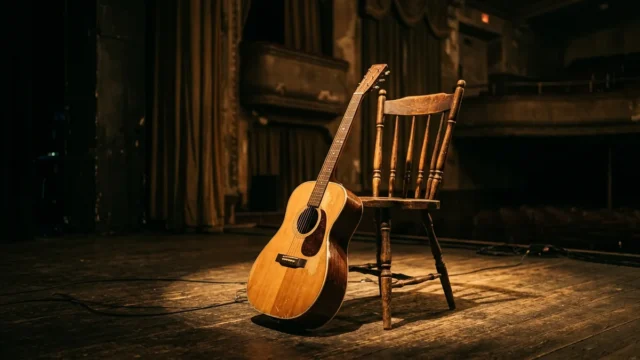 An acoustic guitar rests against a wooden chair on a dimly lit stage under a golden spotlight.