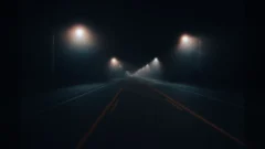 An empty city road at night under street lights