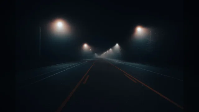 An empty city road at night under street lights