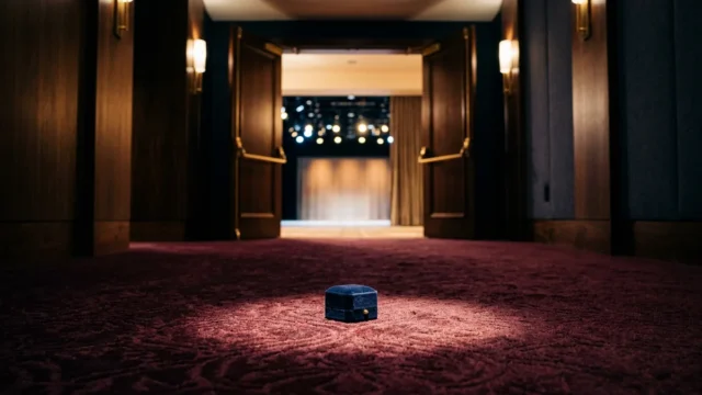 A velvet ring box lies abandoned under a spotlight in an empty corridor with open doors.