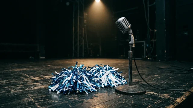 Glittering blue pom-poms lie next to a vintage microphone stand under a spotlight on a dark stage.