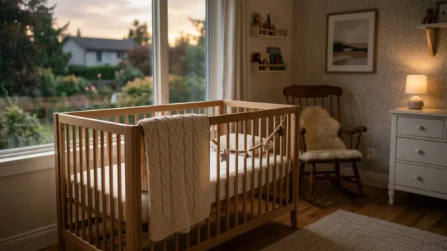 An empty wooden crib with a draped blanket sits in a nursery bathed in warm golden light.